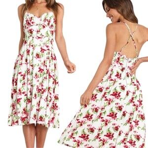 US 8 Petal & Pup Fyrsil Dress White Floral Rayon Linen Midi Length Sleeveless